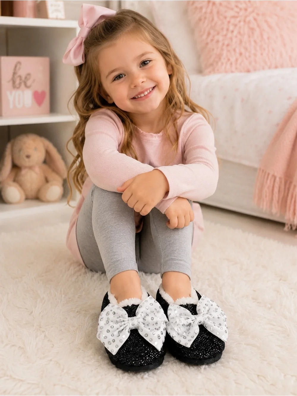 JoJo Siwa Girls Slipper Socks S M 8-13 Black Sparkle Bow Nickelodeon Cozy Fuzzy